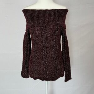 White House Black Market Off Shoulder Metallic Sweater Burgundy Velvet Bow S